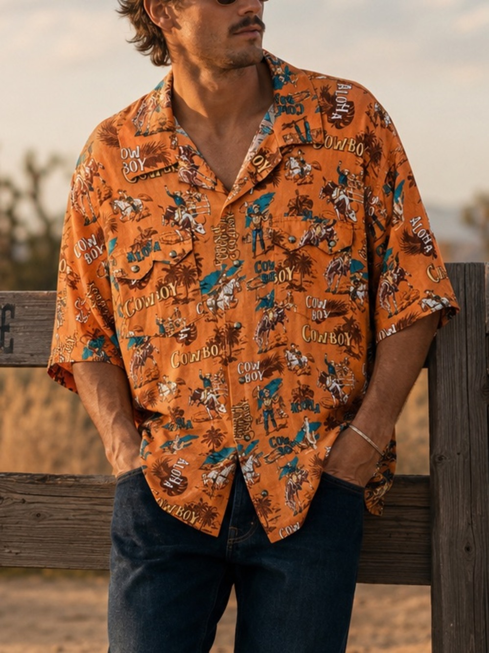 Wrangler Coconut Cowboy Camp Shirt Orange Western Aloha Print Mens XXL